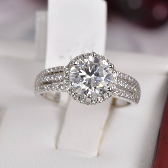 Certified 2.0 ct Halo Brilliant Cut Moissanite Engagement Ring 925 Sterling - Picture 3 of 9